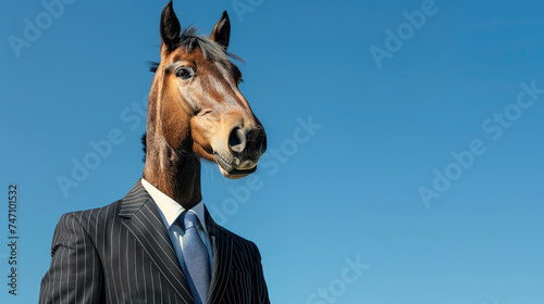 Horse in formal suit with striped pattern and tie on bright blue sky background