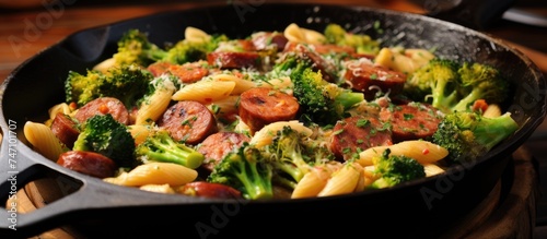 A cast iron skillet filled with a flavorful combination of broccoli, sausage, and pasta being cooked together. The ingredients are sizzling and blending their flavors to create a delicious dish.