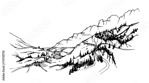 Hand drawn ink vector illustration, mountain landscape scenery Central South America, hills plane farmland forest sightseeing. Isolated on white background. Design travel, vacation, brochure, print