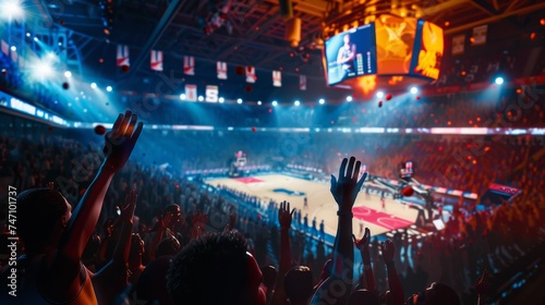 The energy is palpable as excited fans raise their hands in a packed basketball arena, with vibrant lights and the thrill of the game captured in the moment.