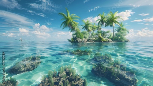 Tranquil blue waters surround a small tropical island with lush palm trees, with a sailboat drifting in the serene sea in the background.
