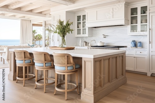 Coastal-Inspired Kitchen Interiors with Serene Setting featuring Wooden Bar Stools