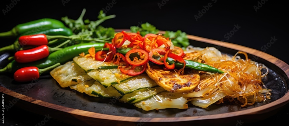 A plate of stir-fried flat rice noodles with peppers and onions, garnished with pickled cucumbers and chili, served on a banana leaf plate.