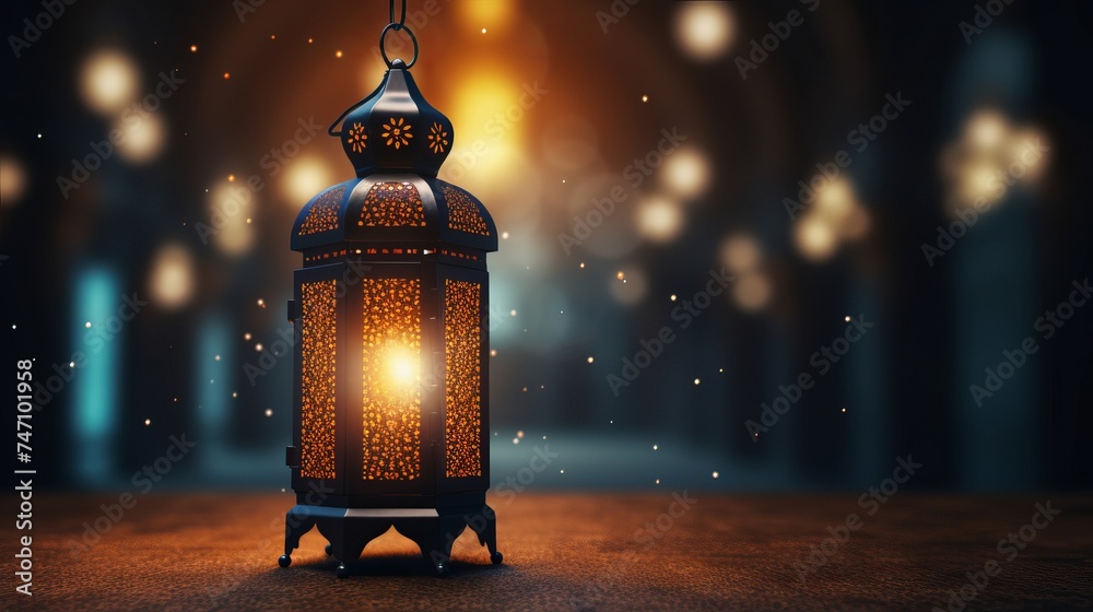 An illuminated Arabic lantern on back background - obrazy, fototapety, plakaty 