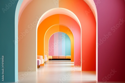 Color-blocked Interior: Arched Doorways Enhanced with Vivid Wall Sections