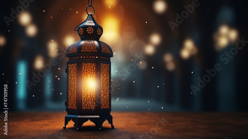 An illuminated Arabic lantern on back background