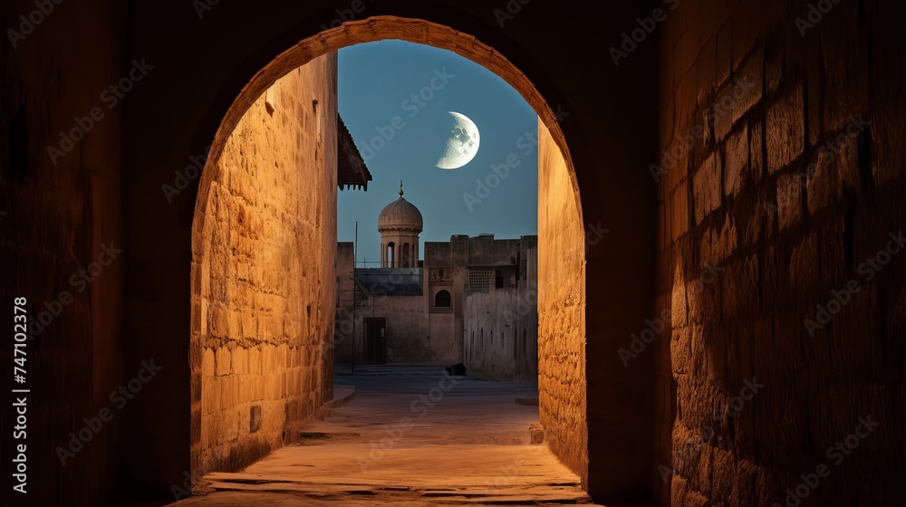 Beautiful view of crescent through a narrow passage of an old Islamic architecture. An Eid moon sighting image