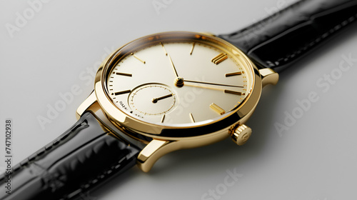 Beautiful luxury gold watch with empty dial space and black strap. generative ai 