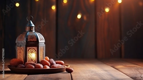 Dates in wooden bowl and Arabian lantern on wooden floor. Eid lamp or lantern for Ramadan and other Islamic Muslim holidays, with copy space for text photo