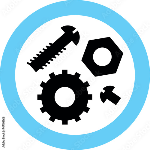 Gear, Nut and Screw Icon in Flat Style. Vector Illustration.