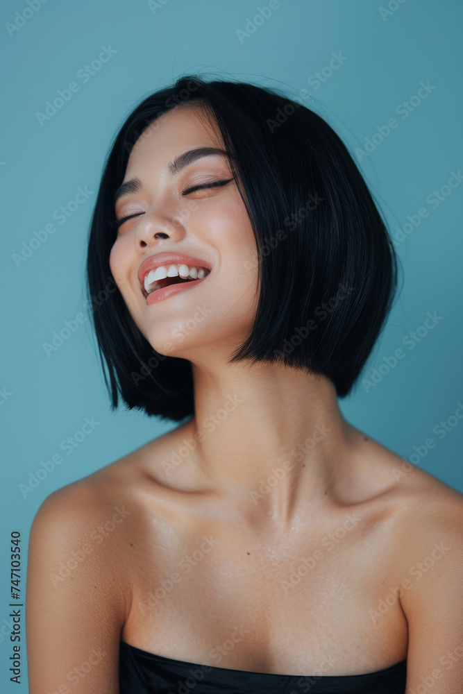 A joyful young woman with short black hair is captured mid-laugh, her eyes gently closed and a broad smile illuminating her face A joyful young woman with short black hair is captured mid-laugh, her eyes gently closed and a broad smile illuminating her face