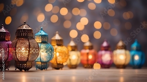 Eid lamps or colorful lanterns for Ramadan and other islamic muslim holidays, with copy space for text