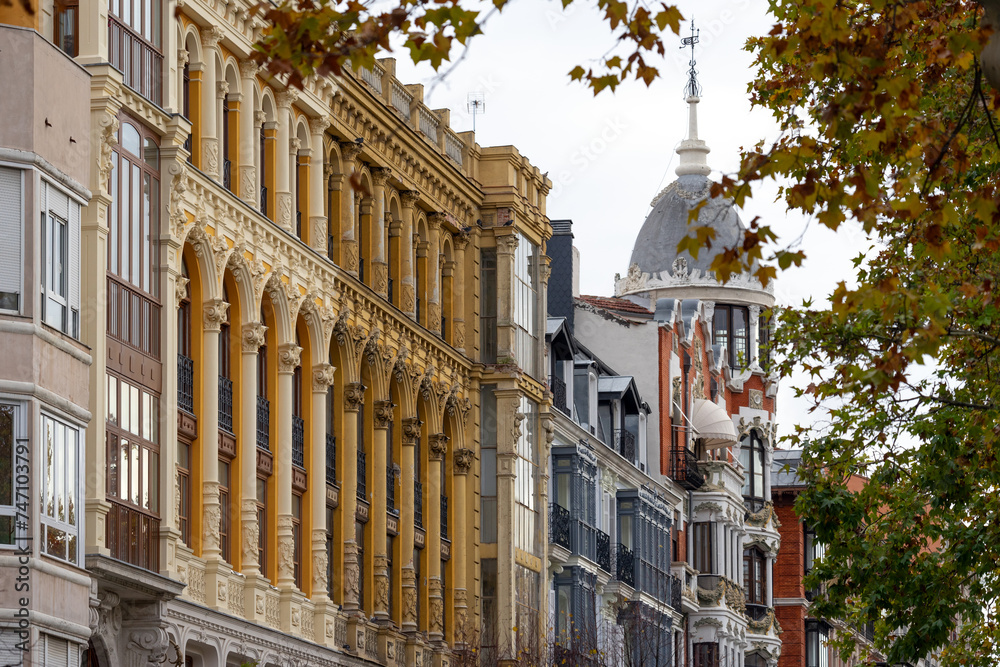 Historic buildings in Recoletos street in the old town of the city of Valladolid. Castilla y Leon, Spain