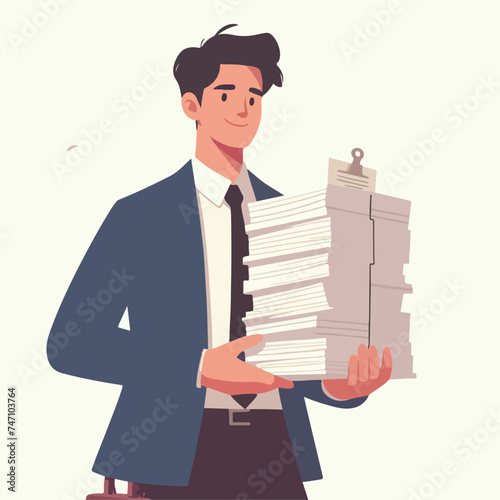 flat design illustration of a business man carrying a stack of document files