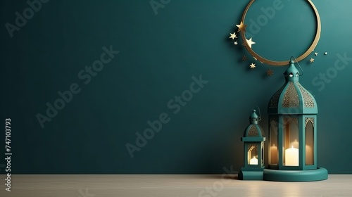 Islamic decoration background with lantern and crescent moon luxury style, ramadan kareem, mawlid, iftar, isra miraj, eid al fitr adha, muharram, copy space text area, 3D illustration