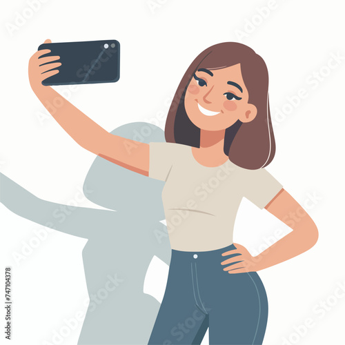 flat design illustration of young woman posing smiling during selfie photo with smartphone camera