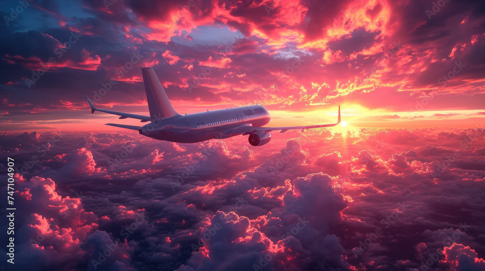 airplane flies in the sunset sky, pink clouds, big modern plane, flight, wings, transport, fuselage, air, beauty, space for text, airline, travel, nature, light, sun - obrazy, fototapety, plakaty 