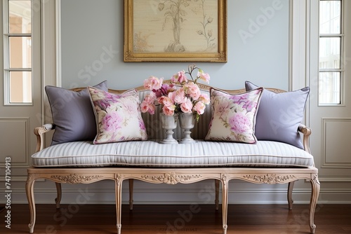 French Provincial Dining Room  Pastel Cushions and Cozy Bench Delight