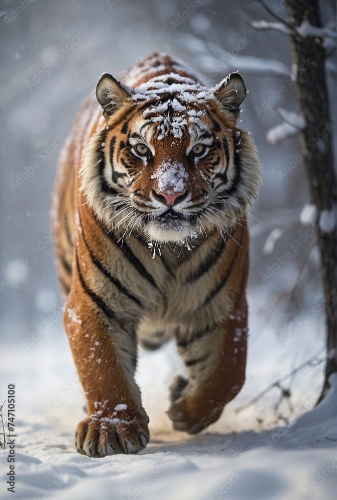 Fototapeta premium Tiger running in the snow in the winter nature forest.
