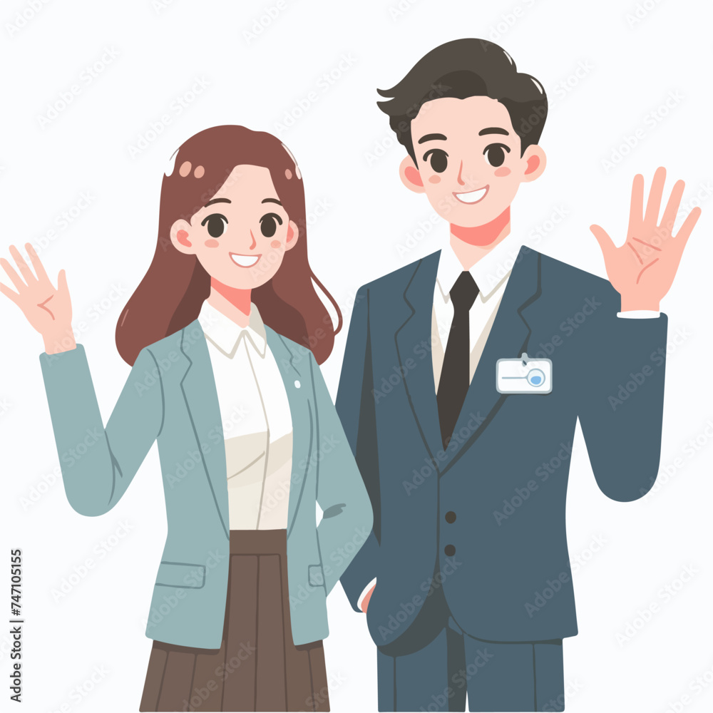 flat design illustration of a beauty and handsome working couple waving their hands flat design illustration of a beauty and handsome working couple waving their hands