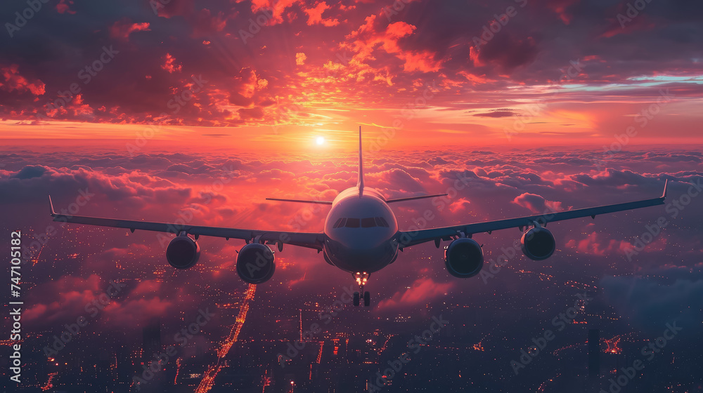 airplane flies in the sunset sky, pink clouds, big modern plane, flight, wings, transport, fuselage, air, beauty, space for text, airline, travel, nature, light, sun