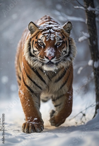 Tiger running in the snow in the winter nature forest.