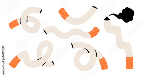 Set of cigarette in various conditions. Cigarette, bended, curved cigarette. Colorful vector illustration