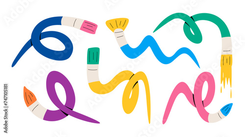 Set of paintbrush in various conditions. Paintbrush, bended, curved paintbrush. Colorful vector illustration photo