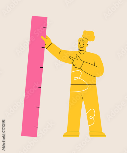 Woman holding big ruler, measuring tool in hand. Colorful vector illustration