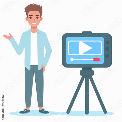 flat design illustration of taking a video. a man is talking in front of the camera