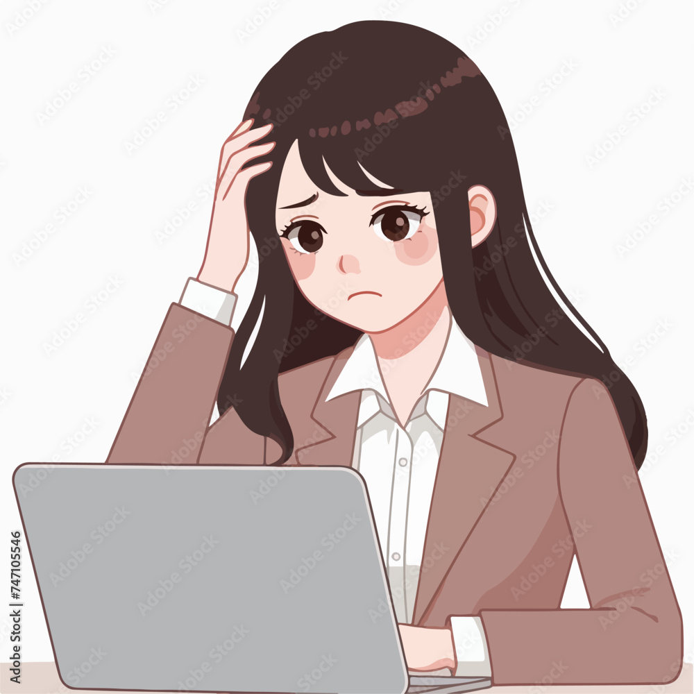flat design illustration of a work problem. business woman confused about her job flat design illustration of a work problem. business woman confused about her job