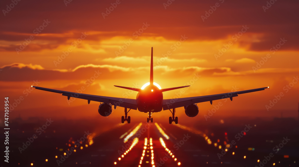 Fototapeta premium airplane flies in the sunset sky, pink clouds, big modern plane, flight, wings, transport, fuselage, air, beauty, space for text, airline, travel, nature, light, sun