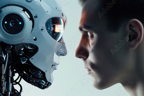 robot and man looking at each other, close-up