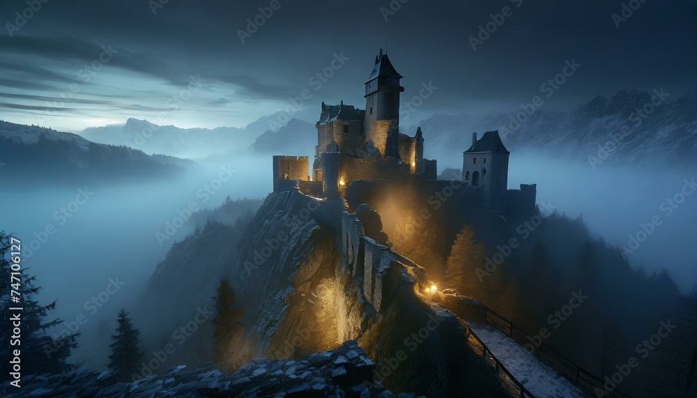 A 3D photorealistic scene of a castle in ruins, situated on the third of three parallel ridg - obrazy, fototapety, plakaty 