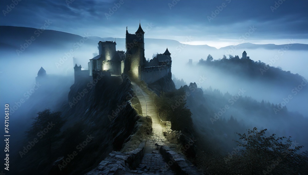 A 3D photorealistic scene of a castle in ruins, situated on the third of three parallel ridg - obrazy, fototapety, plakaty 