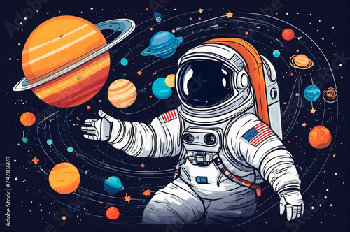 Astronaut is playing with the solar system in outer space in a vector style.Generative AI