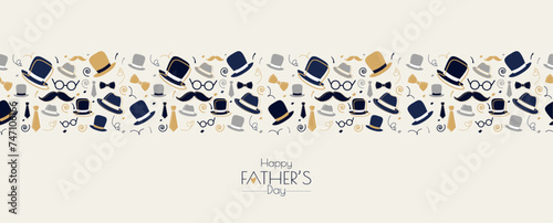 Seamless pattern with tie, hat, mustache and glasses. Modern design for Father's Day.
