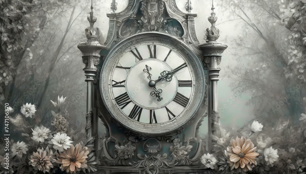 A black and white photo of a clock with a floral design on the front and sides of the clock
