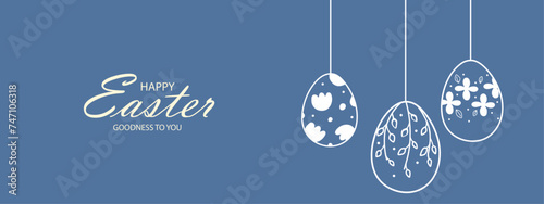 Easter web banner with garland of vintage Easter eggs on blue background with place for text. Happy Easter. Garland with silhouettes of vintage eggs suspended on strings.