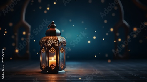 Ornamental Arabic lantern with burning candle glowing at night and glittering golden bokeh lights. Festive greeting card, invitation for Muslim holy month Ramadan Kareem. Dark background