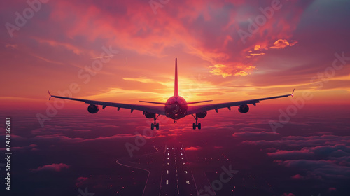 airplane flies in the sunset sky, pink clouds, big modern plane, flight, wings, transport, fuselage, air, beauty, space for text, airline, travel, nature, light, sun