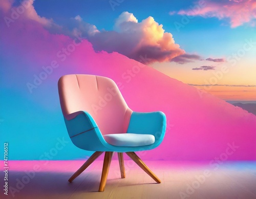 A chair that is sitting in the middle of a room with a pink and blue sky and clouds behind photo