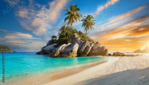 Rural tropic beach on an empty island. Rocky cliffs and palms. Lagoon with clear blue water. Ideal exotic vacation © Denis