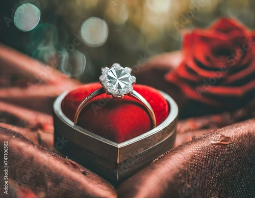 A close up of a diamond ring in a heart - shaped box on a red satin material with a red sati photo