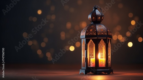 Ornamental Arabic lantern with burning candle glowing on white background. Festive greeting card, invitation for Muslim holy month Ramadan Kareem