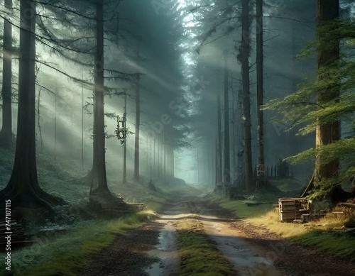 A dirt road in the middle of a forest with sunbeams shining through the trees on a foggy day