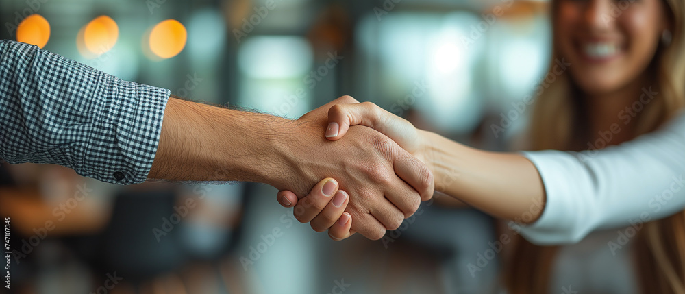 A Fresh Take on Professional Agreements: Woman and Man Shake Hands with Vignetting and Smilecore Aesthetics - obrazy, fototapety, plakaty 