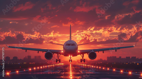 airplane flies in the sunset sky, pink clouds, big modern plane, flight, wings, transport, fuselage, air, beauty, space for text, airline, travel, nature, light, sun, runway, takeoff