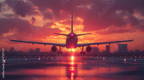 airplane flies in the sunset sky, pink clouds, big modern plane, flight, wings, transport, fuselage, air, beauty, space for text, airline, travel, nature, light, sun, runway, takeoff