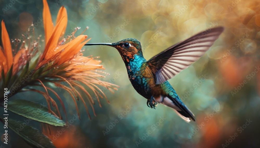 A hummingbird flying through the air with a lot of orange and blue feathers flying around it